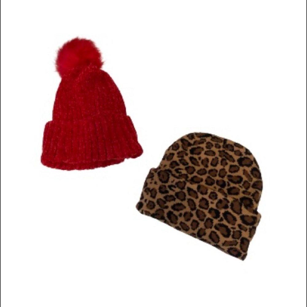Two Winter Hats Red and Cheetah
